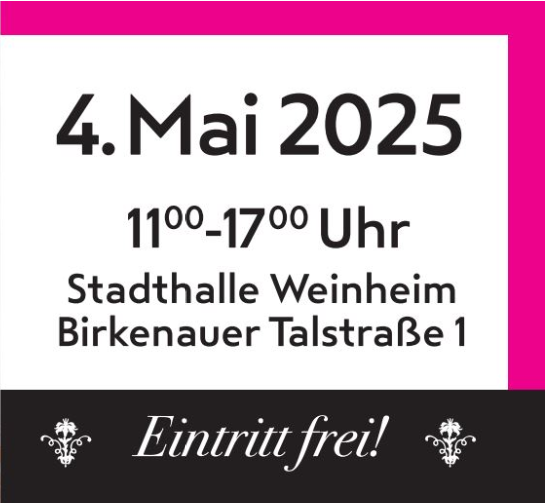 Am 4. Mai ist Hochzeitsmesse in Weinheim. Von 11 - 17  Uhr in der Stadthalle Weinheim. 